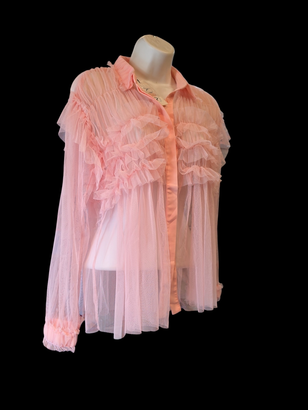 Why Sheer Pink Ruffle Button-Up Blouse - Picture 8 of 10